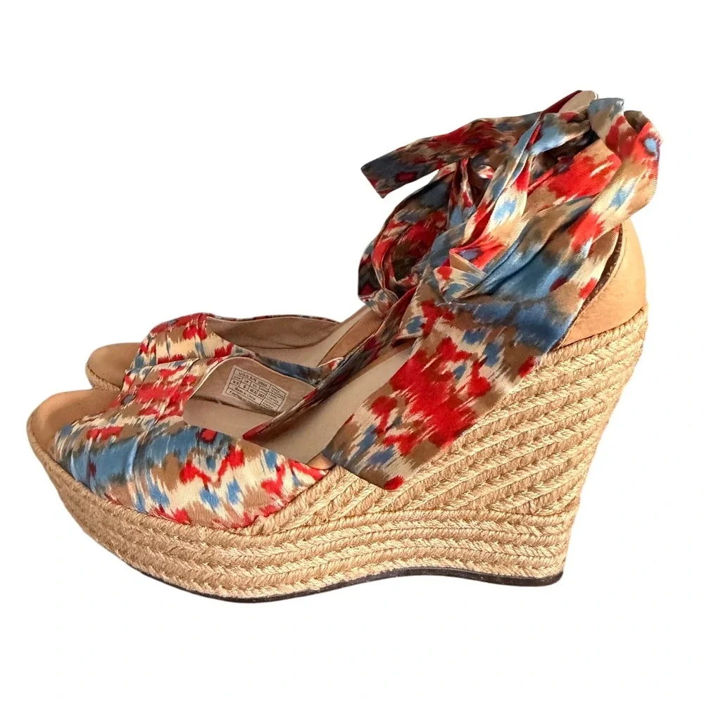 UGG Lucianna Marrakesh Ikat‎ Ribbon Tie Espadrille Wedge Sandals 9.5